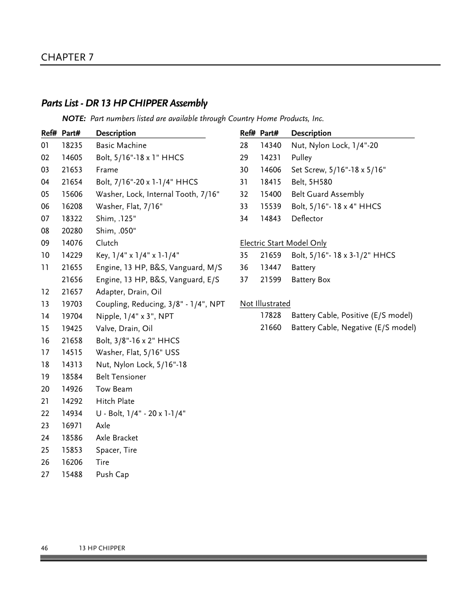 Parts lists, schematic diagrams and warranty, Chapter 7, Parts list - dr 13 hp chipper assembly | DR Power 13 HP Towable User Manual | Page 50 / 56