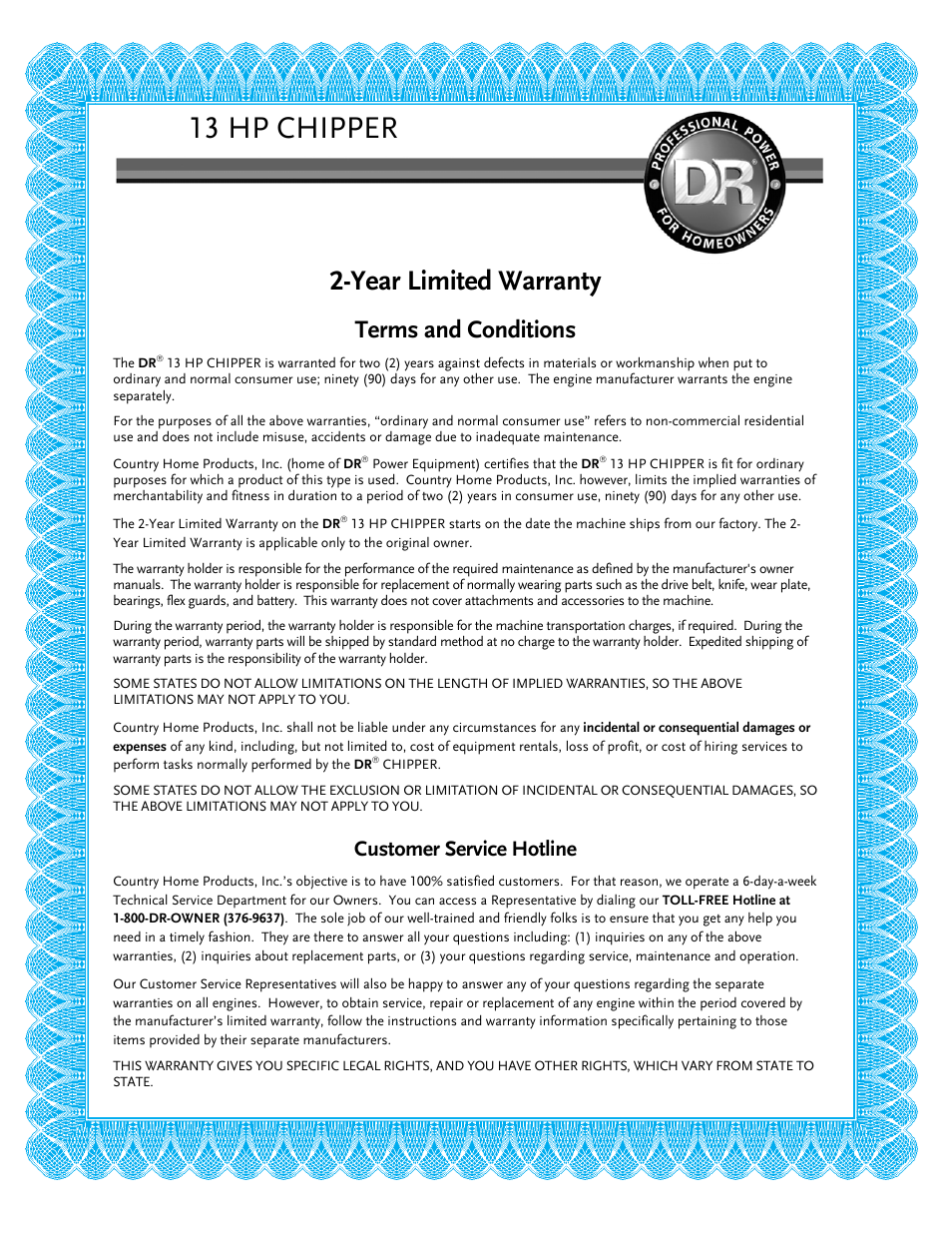 13 hp chipper, Year limited warranty, Warranty | Terms and conditions, Customer service hotline | DR Power 13 HP Towable User Manual | Page 55 / 56