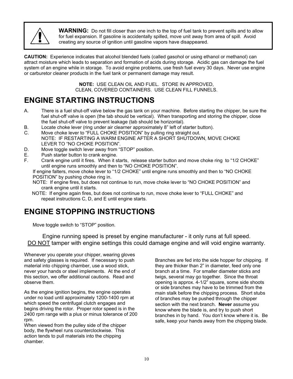 Engine starting instructions, Engine stopping instructions | DR Power 18 HP Bottom-Discharge User Manual | Page 10 / 22