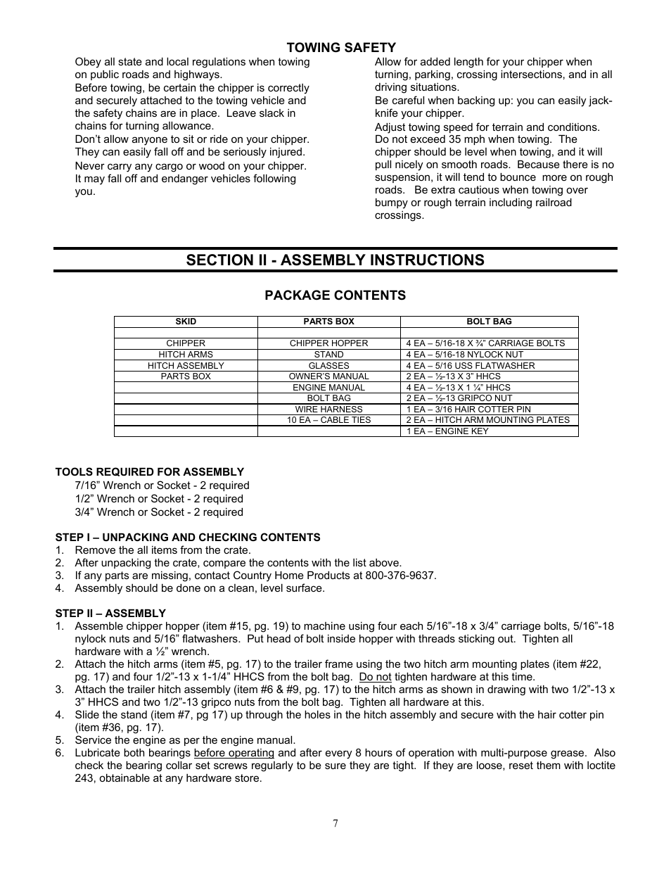 Towing safety, Package contents | DR Power 18 HP Bottom-Discharge User Manual | Page 7 / 22