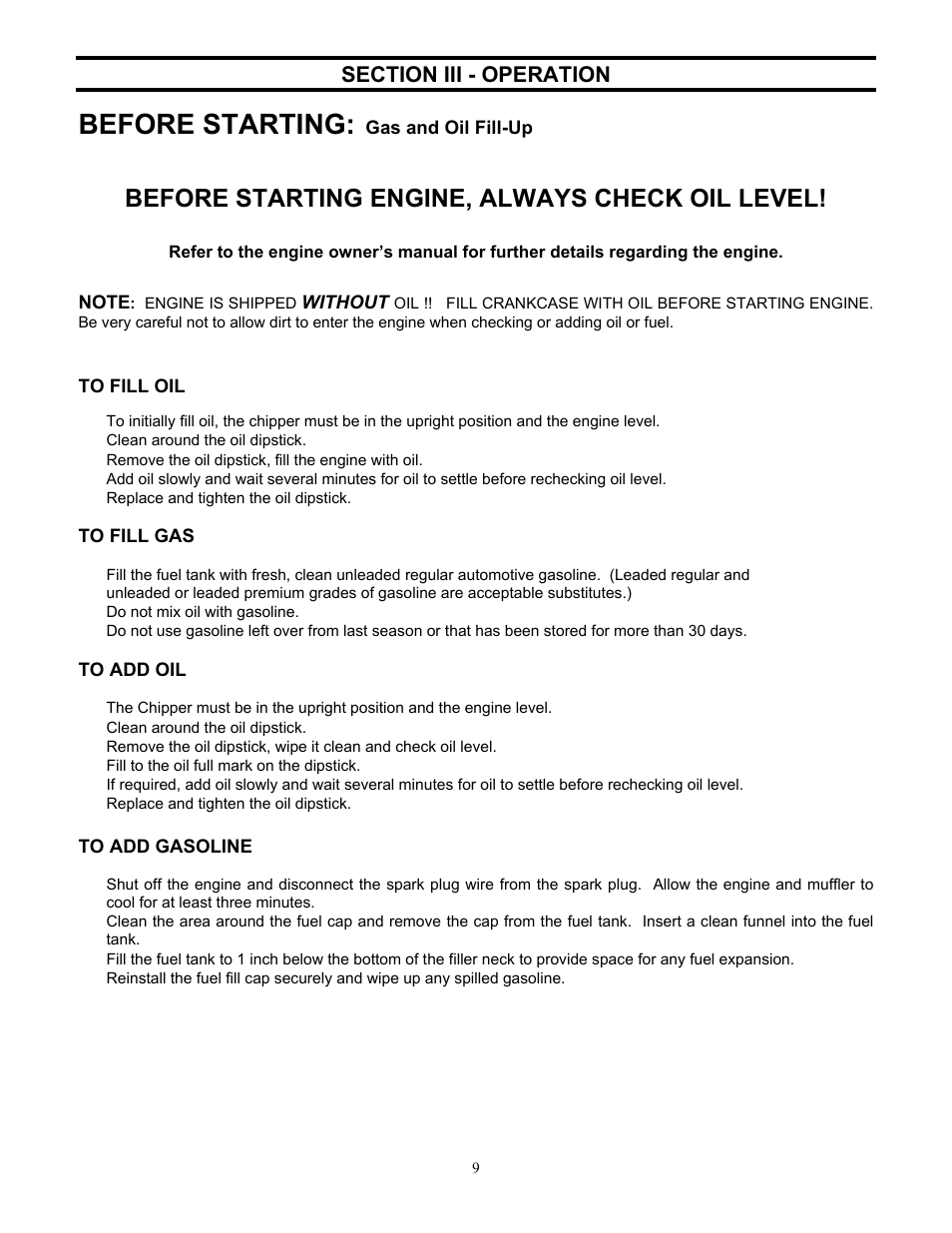 Before starting, Before starting engine, always check oil level | DR Power 18 HP Bottom-Discharge User Manual | Page 9 / 22