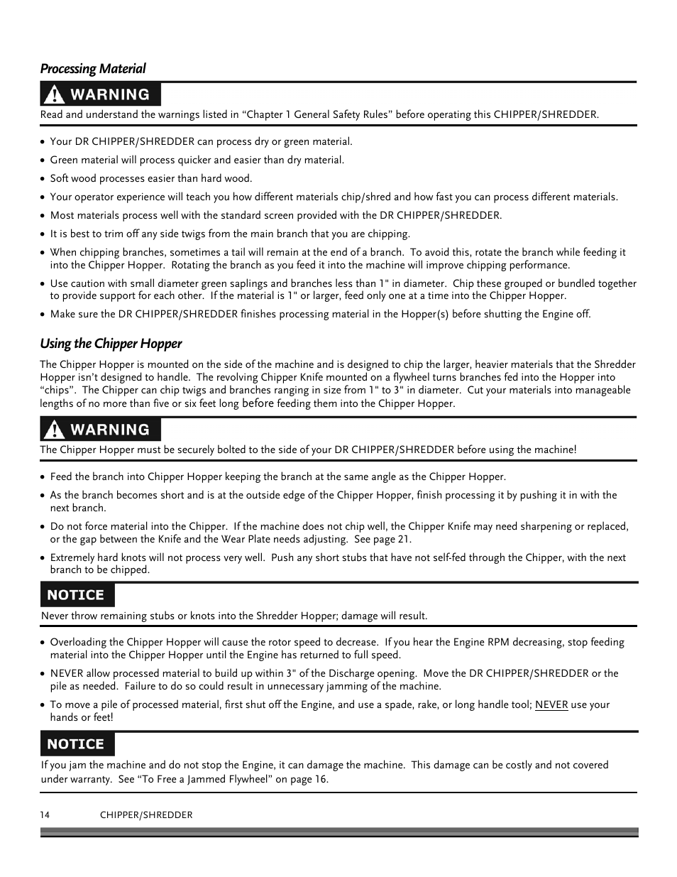 Processing material, Using the chipper hopper | DR Power 8 FPT User Manual | Page 14 / 32