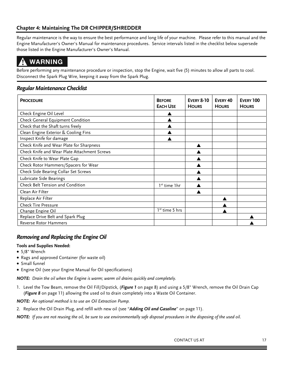 Regular maintenance checklist, Removing and replacing the engine oil | DR Power 8 FPT User Manual | Page 17 / 32