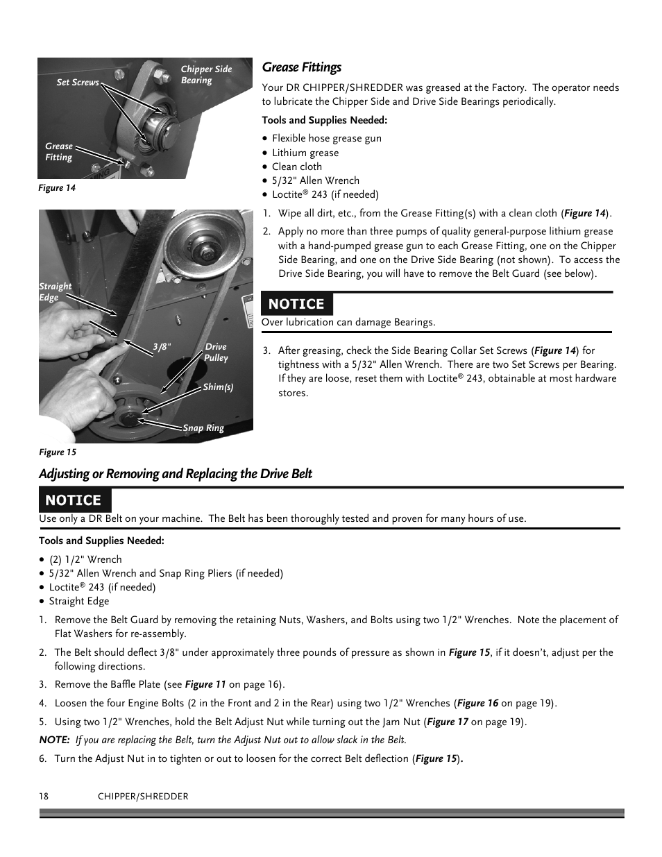 Grease fittings, Adjusting or removing and replacing the drive belt | DR Power 8 FPT User Manual | Page 18 / 32