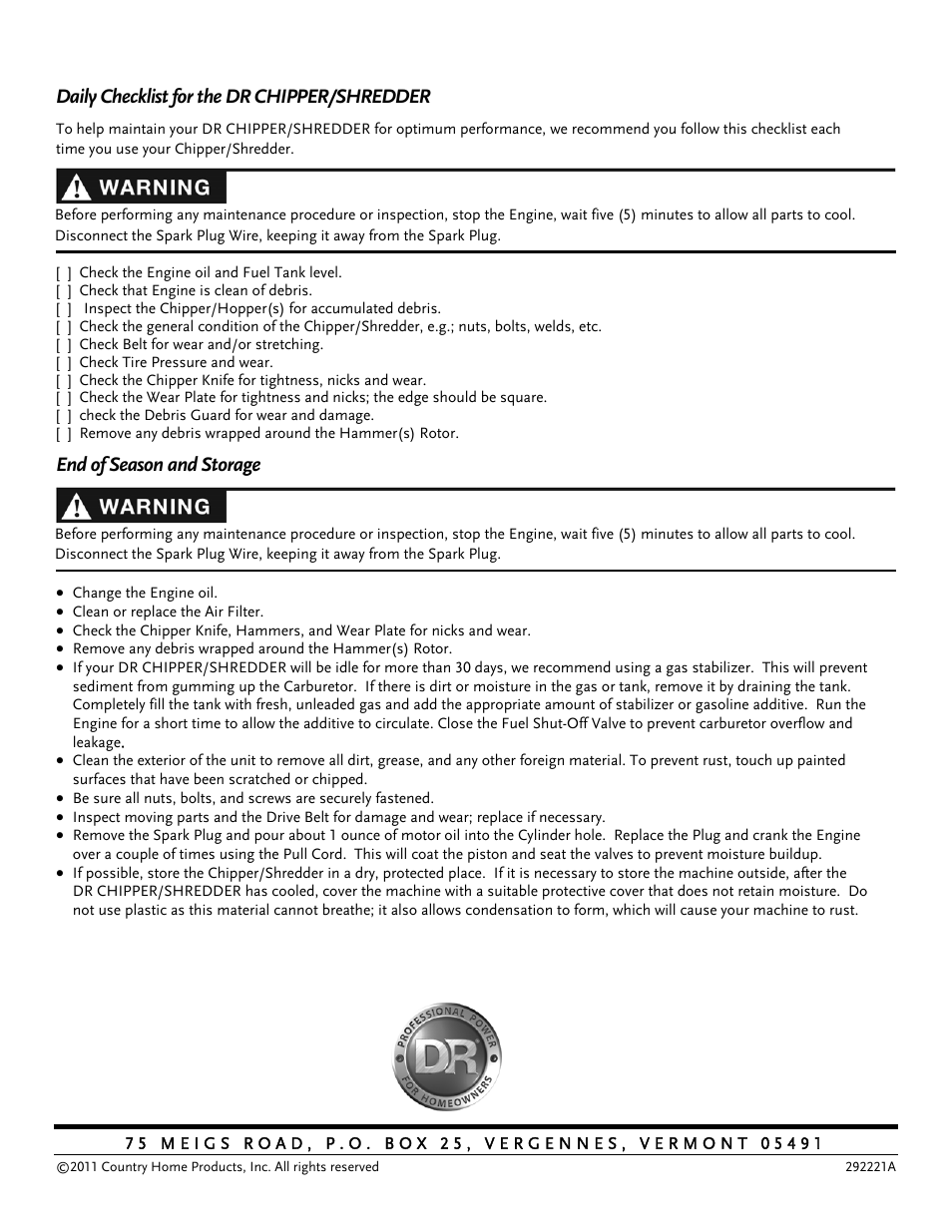 Daily checklist for the dr chipper/shredder, End of season and storage | DR Power 8 FPT User Manual | Page 32 / 32