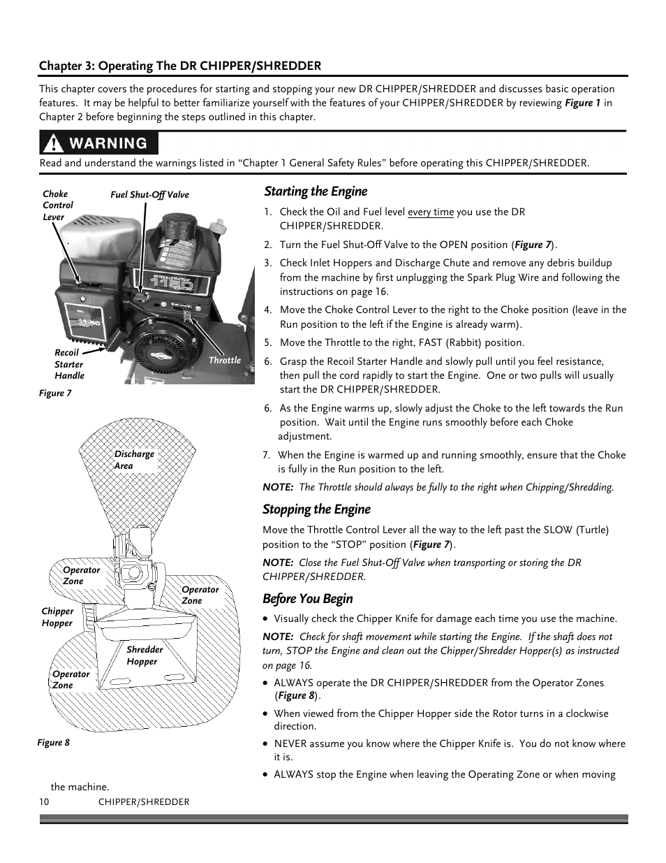 Starting the engine, Stopping the engine, Before you begin | DR Power 11.5 FPT User Manual | Page 10 / 36