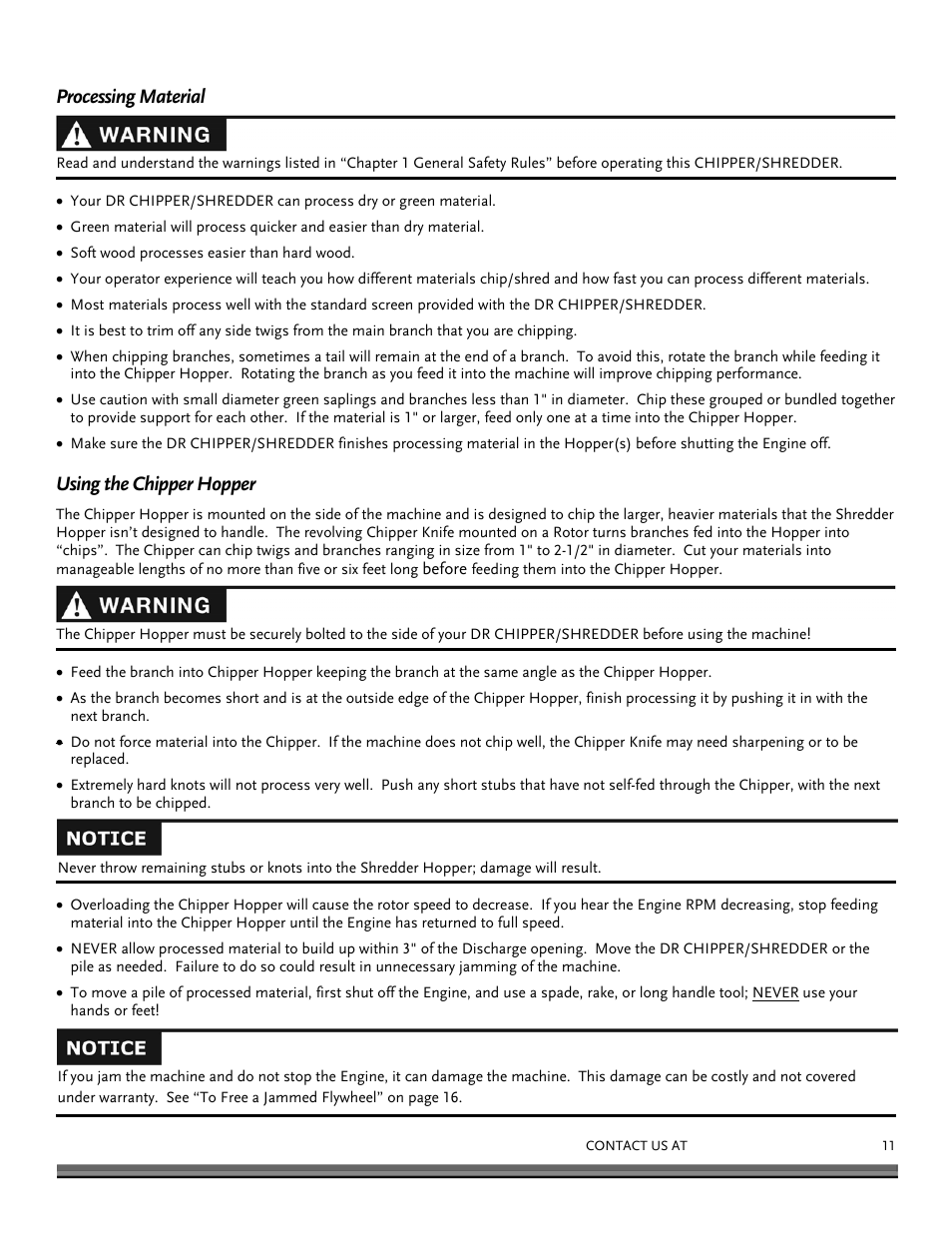 Processing material, Using the chipper hopper | DR Power 11.5 FPT User Manual | Page 11 / 36