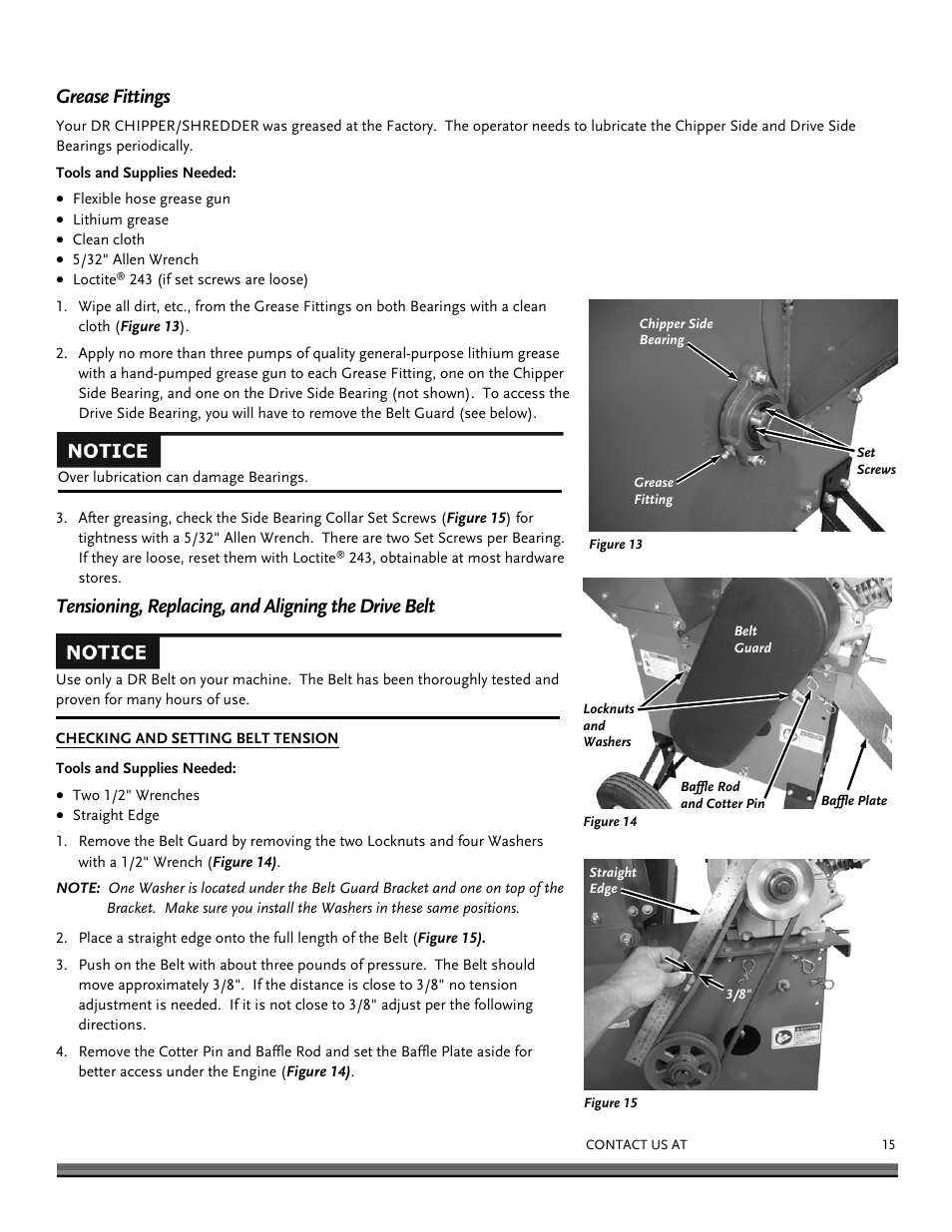 Grease fittings, Tensioning, replacing, and aligning the drive belt | DR Power 11.5 FPT User Manual | Page 15 / 36