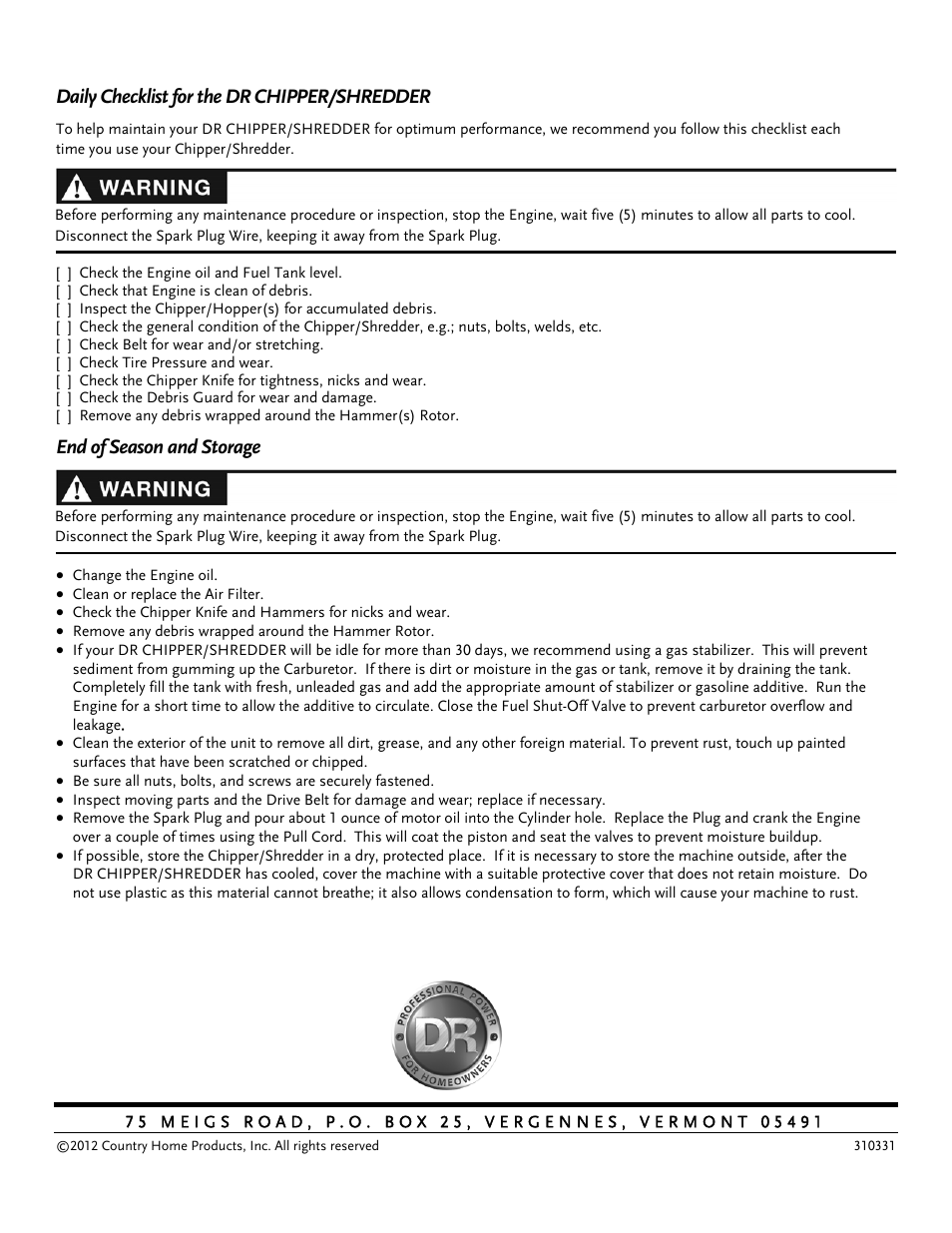 Daily checklist for the dr chipper/shredder, End of season and storage | DR Power 11.5 FPT User Manual | Page 36 / 36