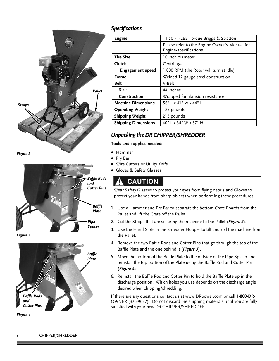 Specifications, Unpacking the dr chipper/shredder | DR Power 11.5 FPT User Manual | Page 8 / 36