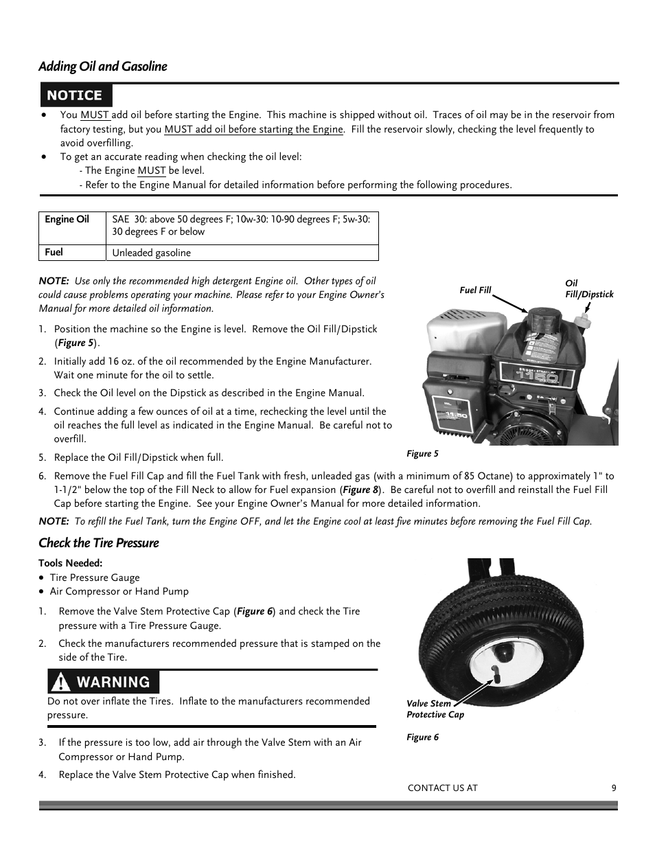 Adding oil and gasoline, Check the tire pressure | DR Power 11.5 FPT User Manual | Page 9 / 36