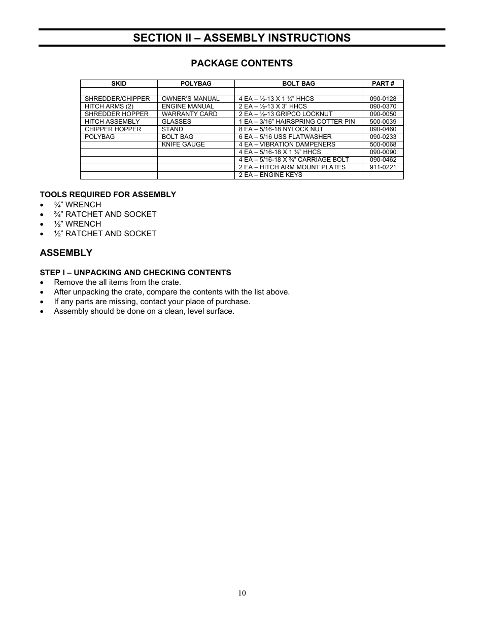 Package contents, Assembly | DR Power 18 HP (June 2004 - Present) User Manual | Page 10 / 36