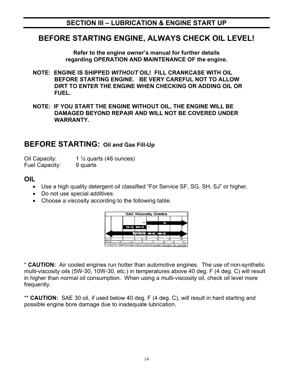 Before starting engine, always check oil level, Before starting | DR Power 18 HP (June 2004 - Present) User Manual | Page 14 / 36
