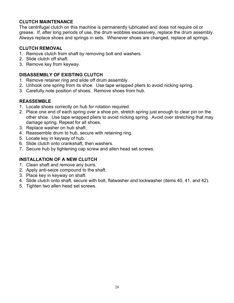 Clutch maintenance, Clutch removal, Disassembly of existing clutch | Reassemble, Installation of a new clutch | DR Power 18 HP (June 2004 - Present) User Manual | Page 26 / 36