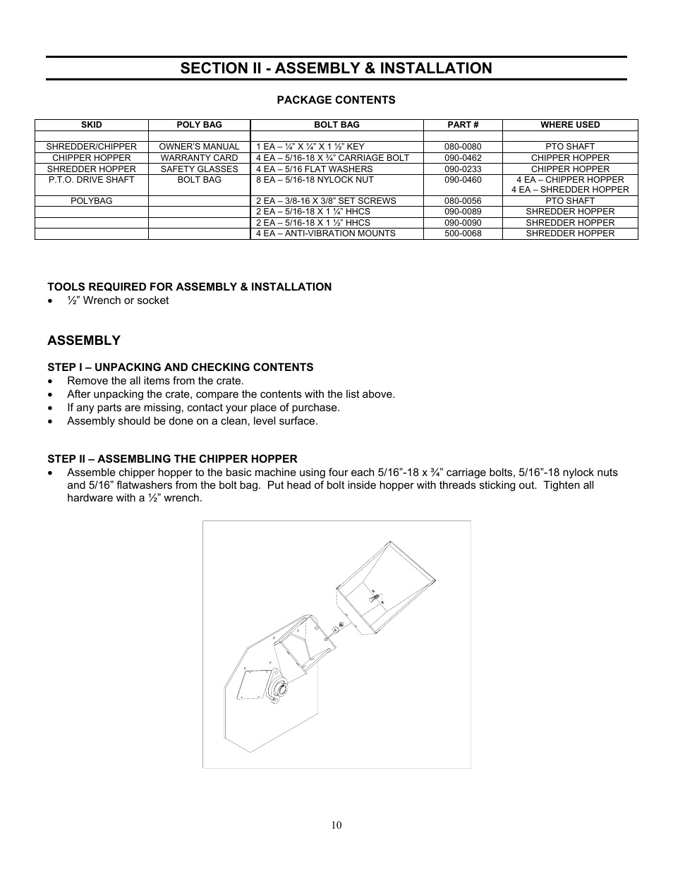 Package contents, Skid, Step i – unpacking and checking contents | Step ii – assembling the chipper hopper, Assembly | DR Power TPH-184CHP User Manual | Page 10 / 31