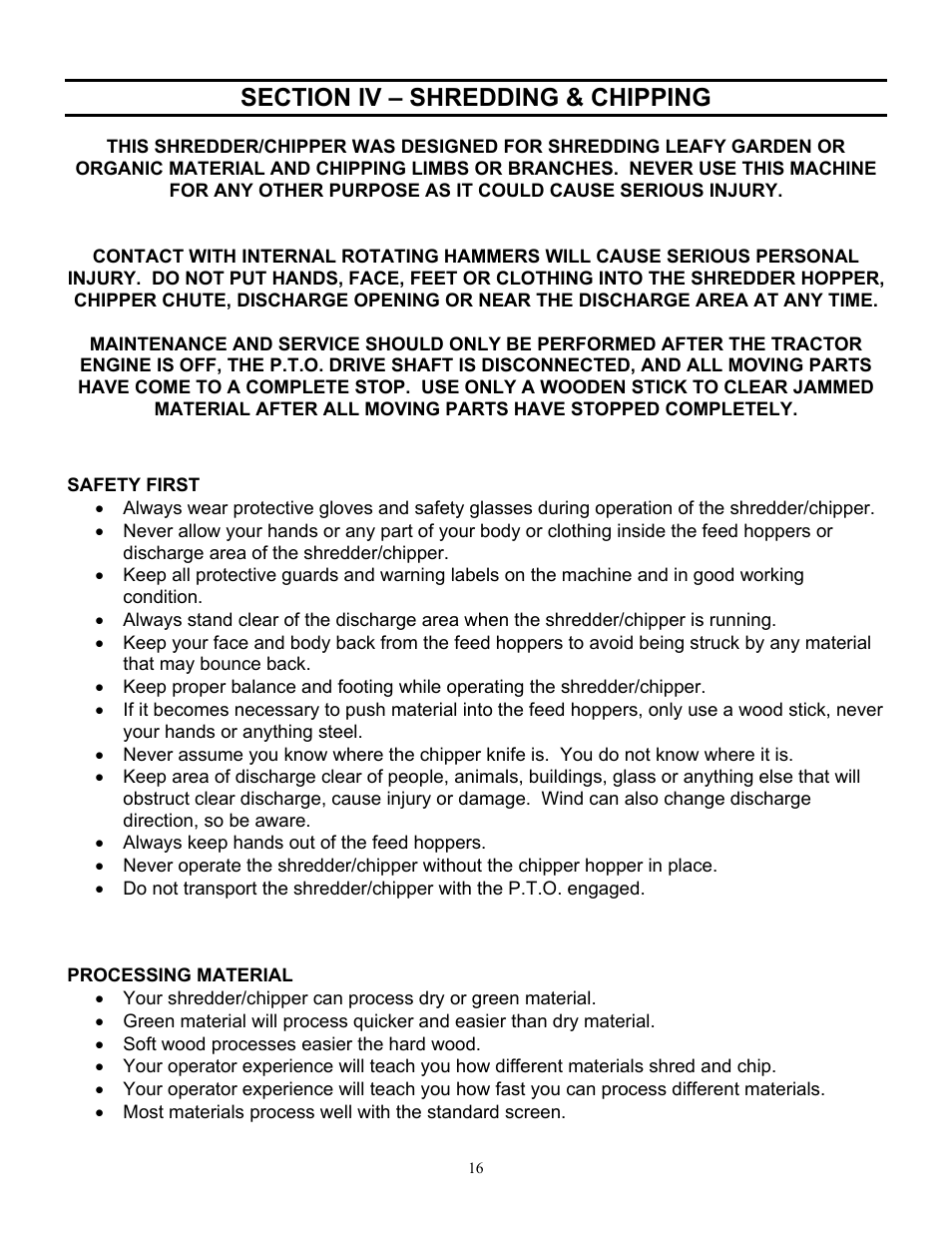 Section iv – shredding & chipping | DR Power TPH-184CHP User Manual | Page 15 / 31