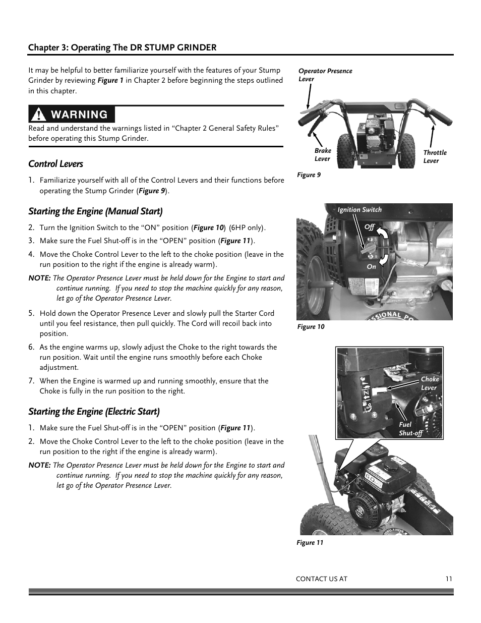Control levers, Starting the engine (manual start), Starting the engine (electric start) | DR Power 9 HP Pro (March 2010 - June 2012) User Manual | Page 11 / 32