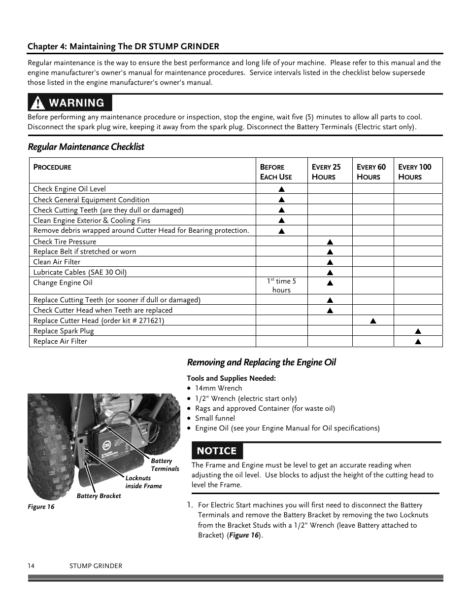 Regular maintenance checklist, Removing and replacing the engine oil | DR Power 9 HP Pro (March 2010 - June 2012) User Manual | Page 14 / 32