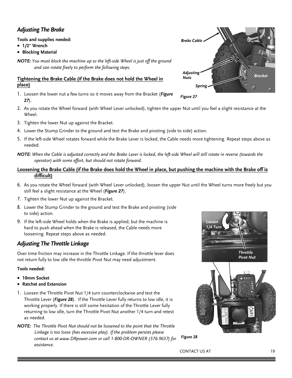 Adjusting the brake, Adjusting the throttle linkage | DR Power 9 HP Pro (March 2010 - June 2012) User Manual | Page 19 / 32