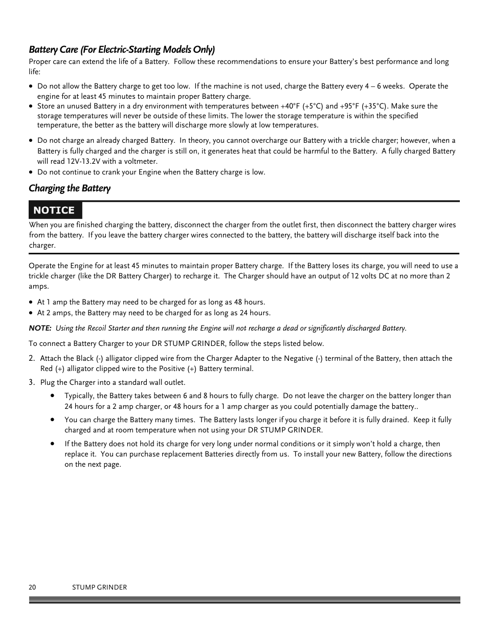 Battery care (for electric-starting models only), Charging the battery | DR Power 9 HP Pro (March 2010 - June 2012) User Manual | Page 20 / 32
