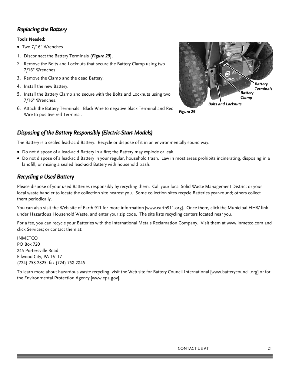 Replacing the battery, Recycling a used battery | DR Power 9 HP Pro (March 2010 - June 2012) User Manual | Page 21 / 32