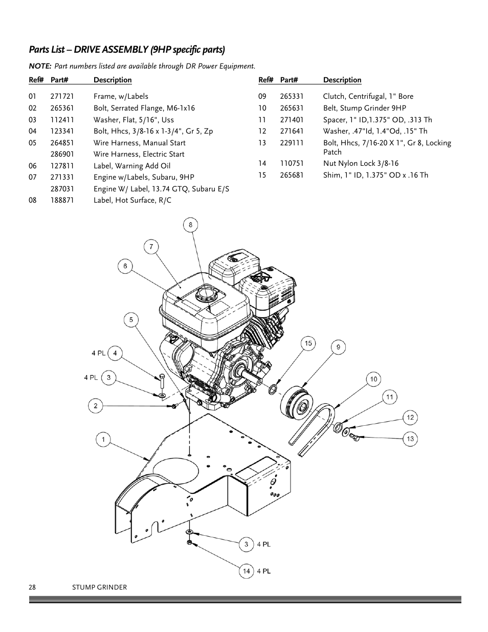 Parts list – drive assembly (9hp specific parts) | DR Power 9 HP Pro (March 2010 - June 2012) User Manual | Page 28 / 32