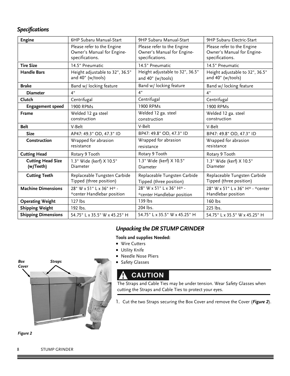 Specifications unpacking the dr stump grinder | DR Power 9 HP Pro (March 2010 - June 2012) User Manual | Page 8 / 32