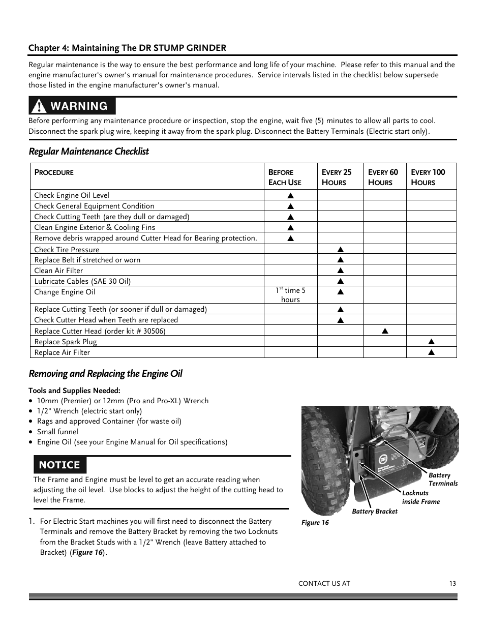Regular maintenance checklist, Removing and replacing the engine oil | DR Power 14.5 HP Pro (November 2014 - Present) User Manual | Page 13 / 32