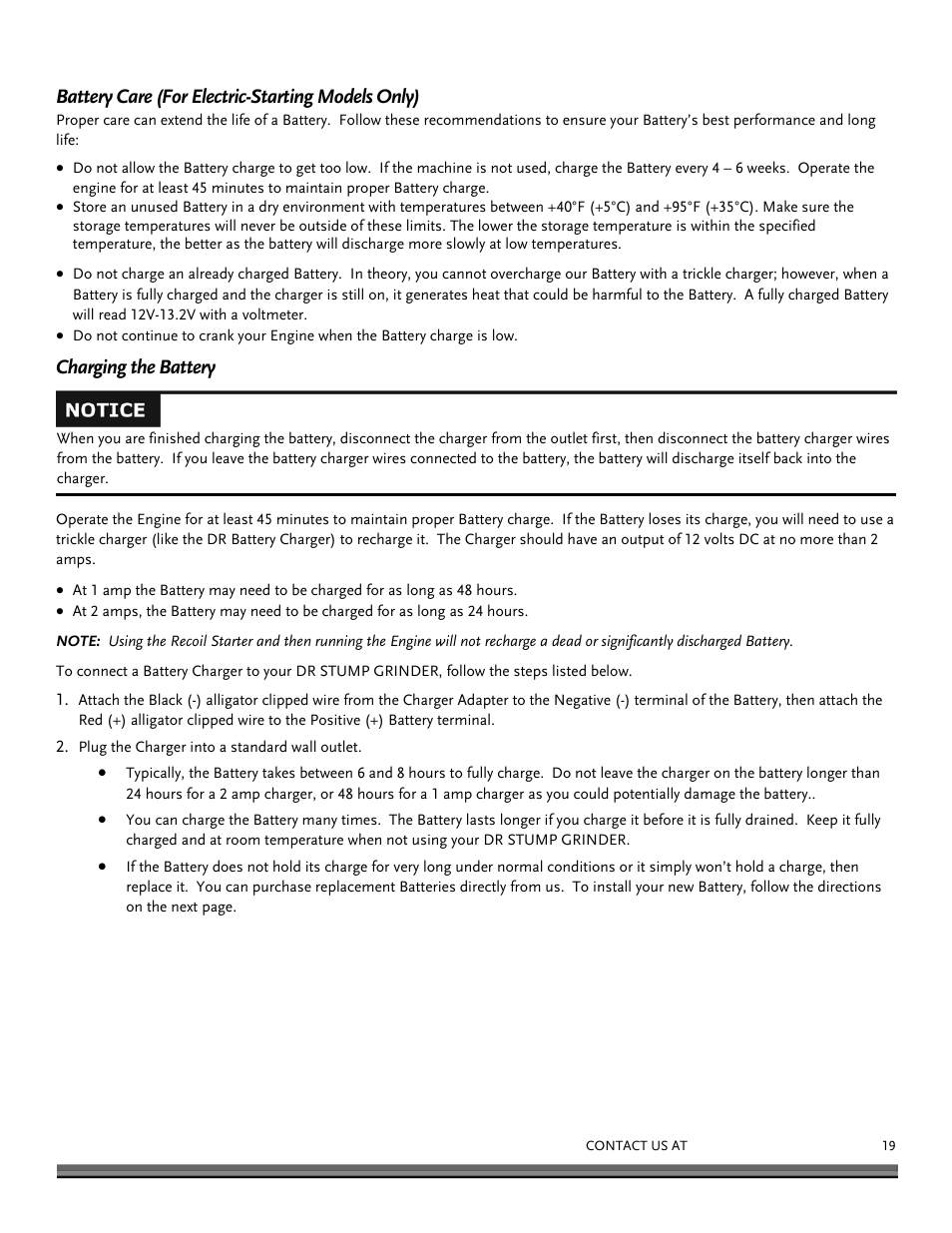 Battery care (for electric-starting models only), Charging the battery | DR Power 14.5 HP Pro (November 2014 - Present) User Manual | Page 19 / 32