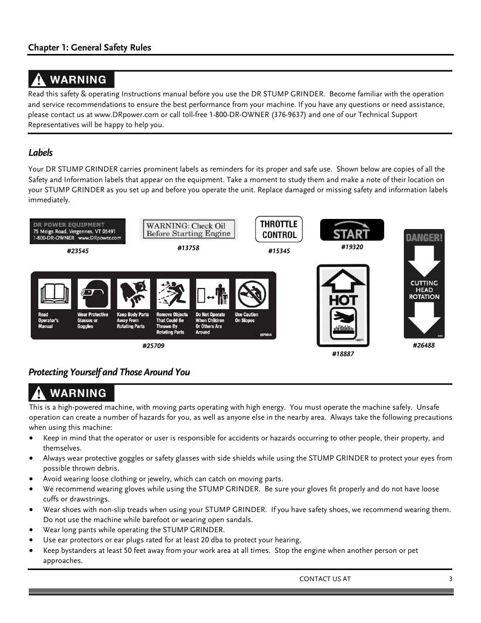 Labels, Protecting yourself and those around you | DR Power 14.5 HP Pro (November 2014 - Present) User Manual | Page 3 / 32