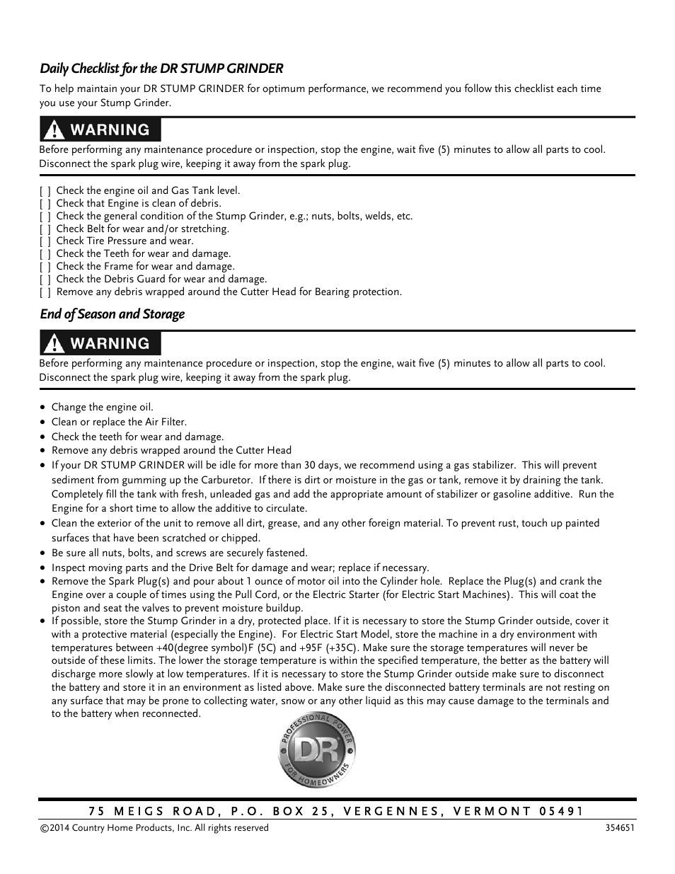 Daily checklist for the dr stump grinder, End of season and storage | DR Power 14.5 HP Pro (November 2014 - Present) User Manual | Page 32 / 32