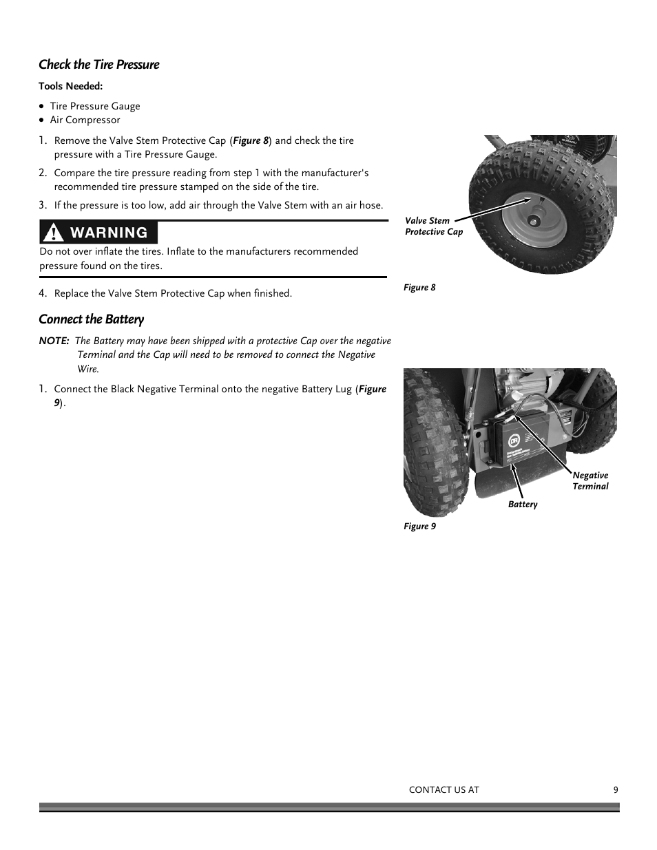 Check the tire pressure, Connect the battery | DR Power 14.5 HP Pro (November 2014 - Present) User Manual | Page 9 / 32