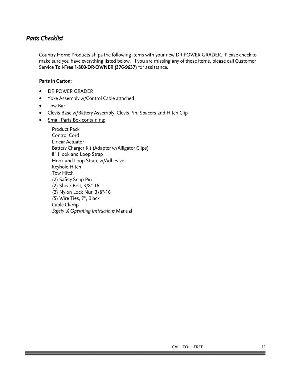 Parts checklist | DR Power 48 Power Grader without Remote User Manual | Page 15 / 42