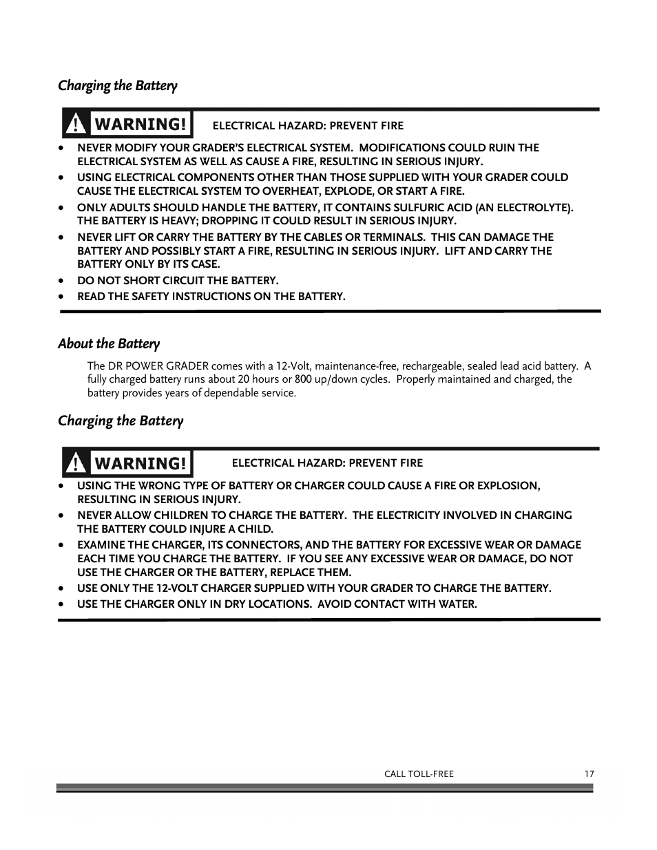 Charging the battery, About the battery | DR Power 48 Power Grader without Remote User Manual | Page 21 / 42