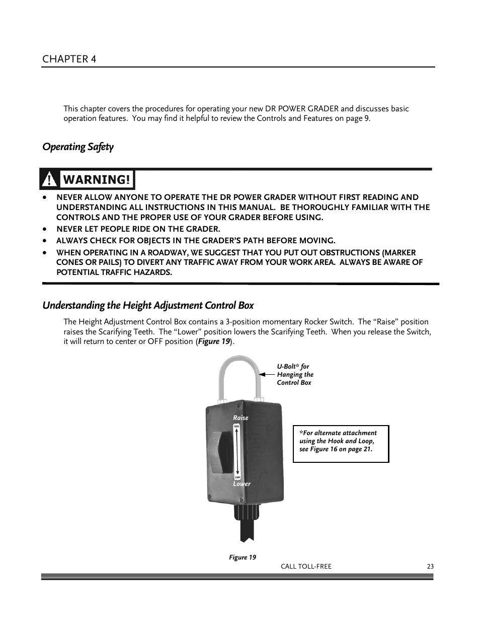 Operating your dr power grader, Chapter 4, Operating safety | Understanding the height adjustment control box | DR Power 48 Power Grader without Remote User Manual | Page 27 / 42