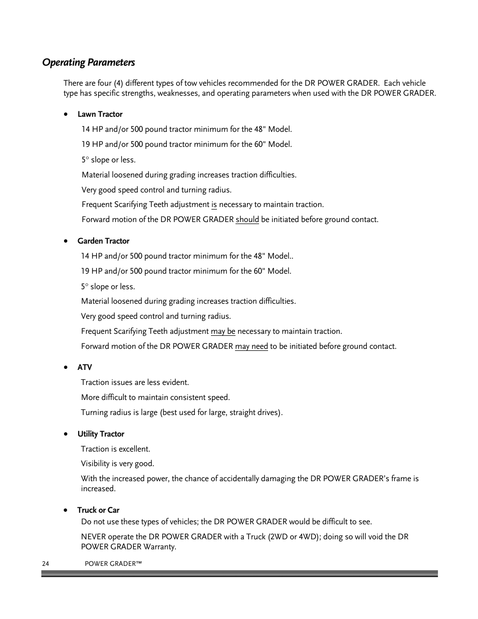 Operating parameters | DR Power 48 Power Grader without Remote User Manual | Page 28 / 42