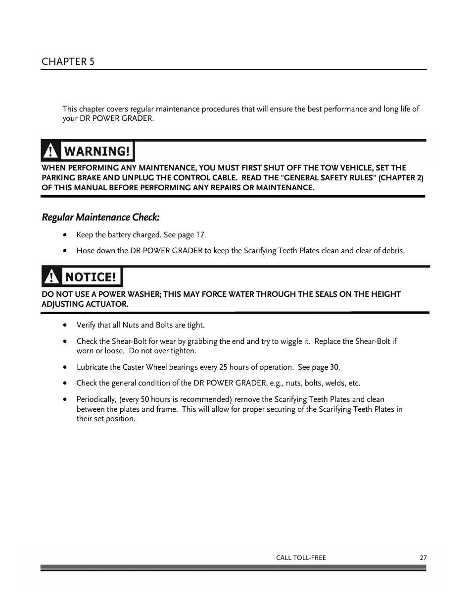 Maintaining the dr power grader, Chapter 5, Regular maintenance check | DR Power 48 Power Grader without Remote User Manual | Page 31 / 42