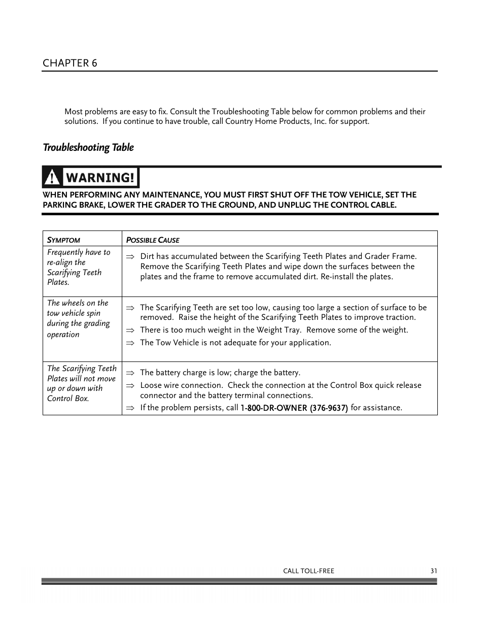 Troubleshooting, Chapter 6, Troubleshooting table | DR Power 48 Power Grader without Remote User Manual | Page 35 / 42