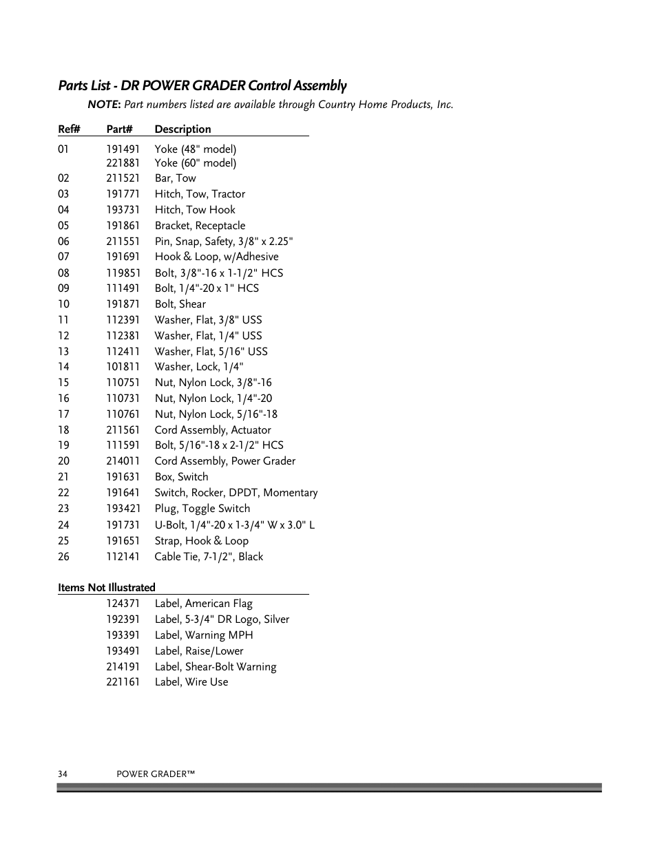 Parts list - dr power grader control assembly | DR Power 48 Power Grader without Remote User Manual | Page 38 / 42