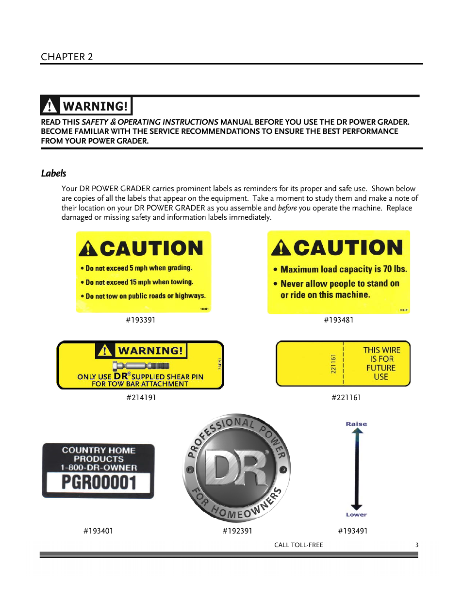 General safety rules, Chapter 2, Labels | DR Power 48 Power Grader without Remote User Manual | Page 7 / 42