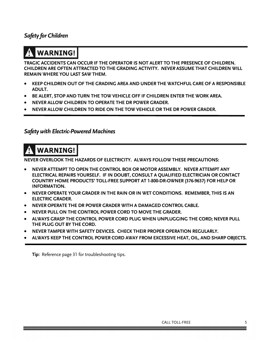 Safety for children, Safety with electric-powered machines | DR Power 48 Power Grader without Remote User Manual | Page 9 / 42
