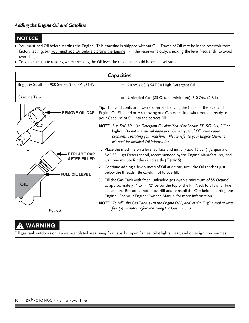 Capacities, Adding the engine oil and gasoline | DR Power Premier Tow-Behind Power Tiller Roto-Hog (Dec. 2012 - Present) User Manual | Page 10 / 26