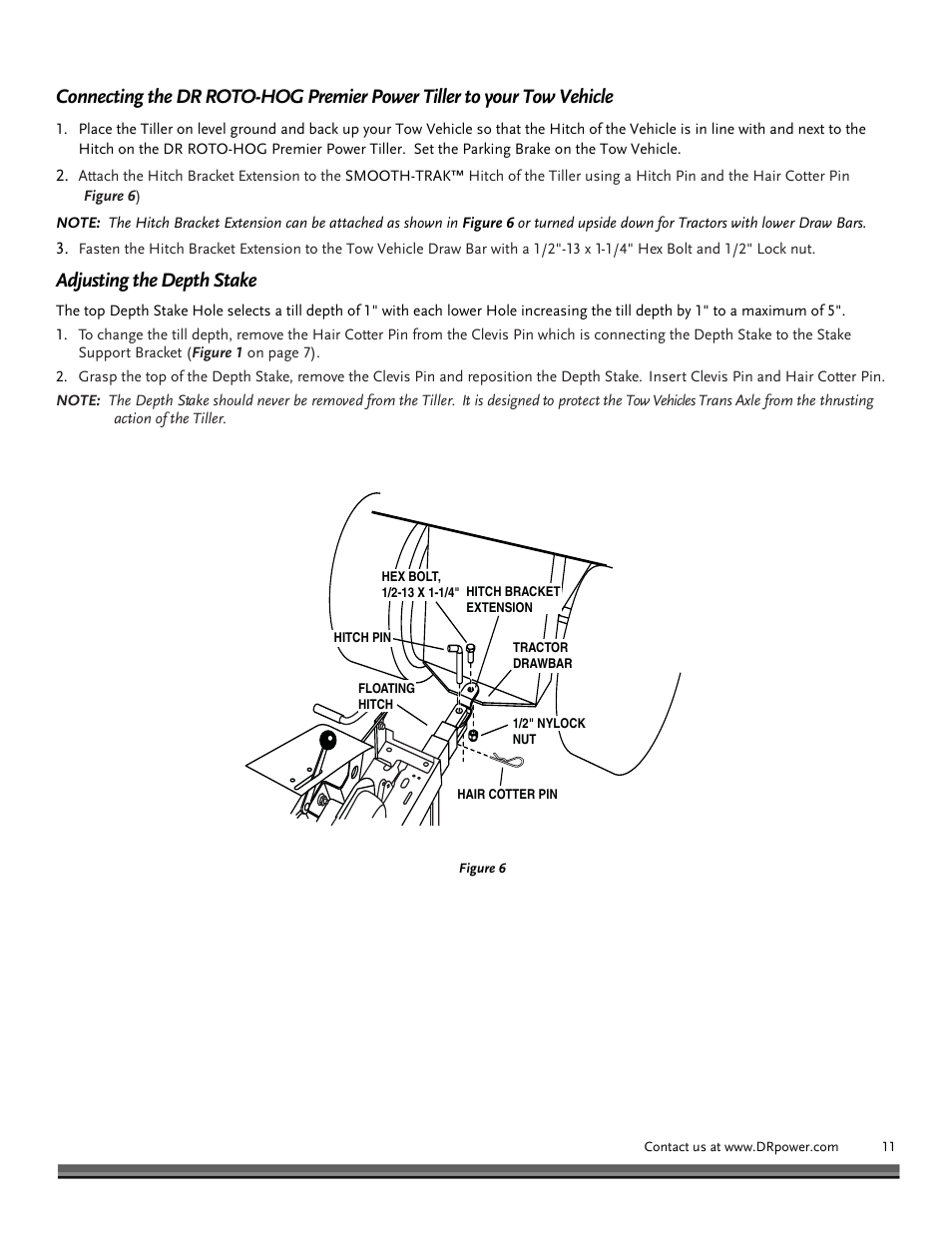 Adjusting the depth stake | DR Power Premier Tow-Behind Power Tiller Roto-Hog (Dec. 2012 - Present) User Manual | Page 11 / 26