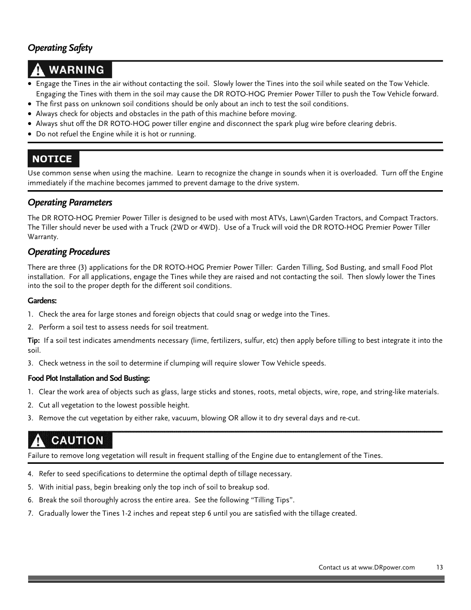 Operating safety operating parameters, Operating procedures | DR Power Premier Tow-Behind Power Tiller Roto-Hog (Dec. 2012 - Present) User Manual | Page 13 / 26