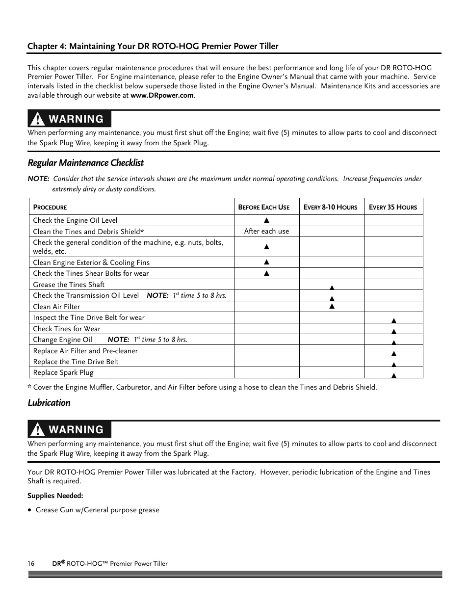 Regular maintenance checklist, Lubrication | DR Power Premier Tow-Behind Power Tiller Roto-Hog (Dec. 2012 - Present) User Manual | Page 16 / 26