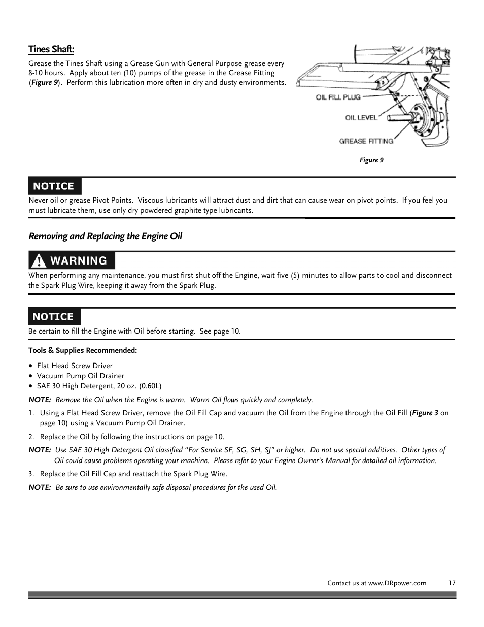 Tines shaft, Removing and replacing the engine oil | DR Power Premier Tow-Behind Power Tiller Roto-Hog (Dec. 2012 - Present) User Manual | Page 17 / 26