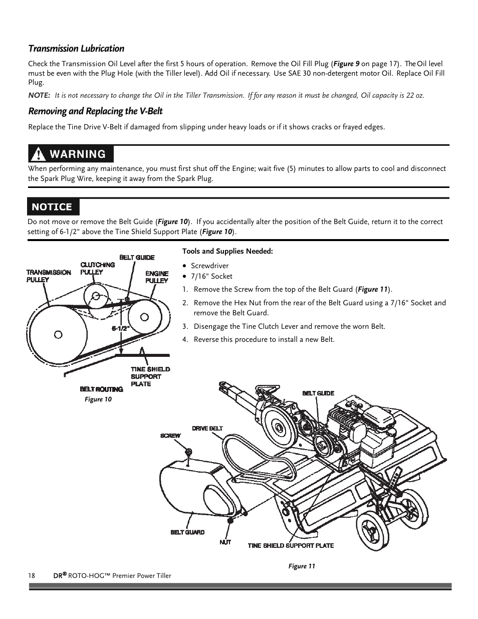 Transmission lubrication, Removing and replacing the v-belt | DR Power Premier Tow-Behind Power Tiller Roto-Hog (Dec. 2012 - Present) User Manual | Page 18 / 26