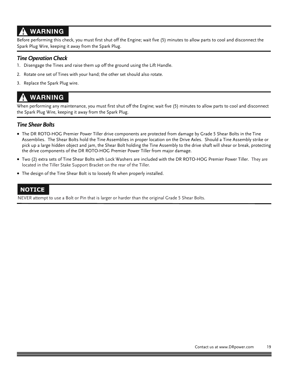 Tine operation check, Tine shear bolts | DR Power Premier Tow-Behind Power Tiller Roto-Hog (Dec. 2012 - Present) User Manual | Page 19 / 26