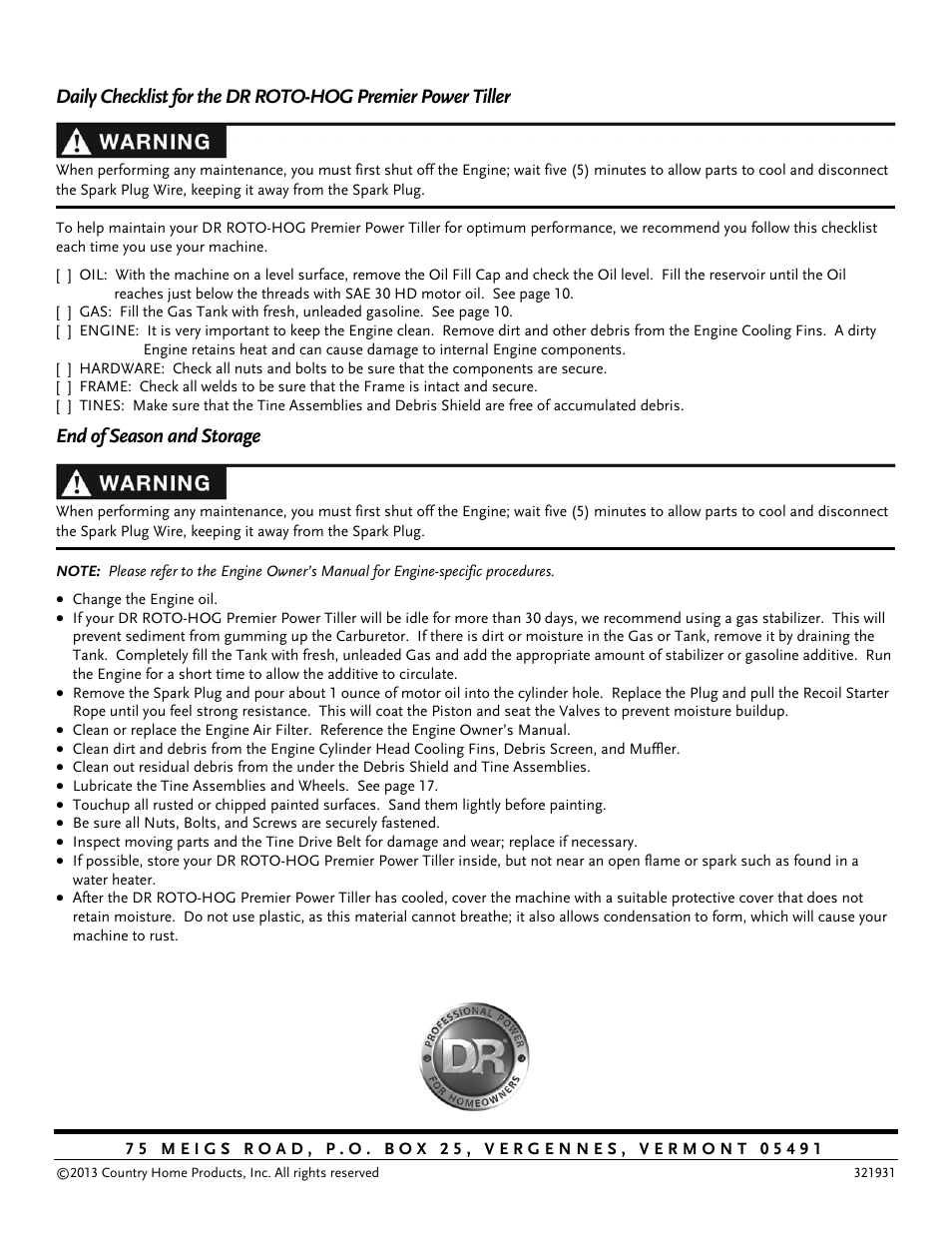 End of season and storage | DR Power Premier Tow-Behind Power Tiller Roto-Hog (Dec. 2012 - Present) User Manual | Page 26 / 26