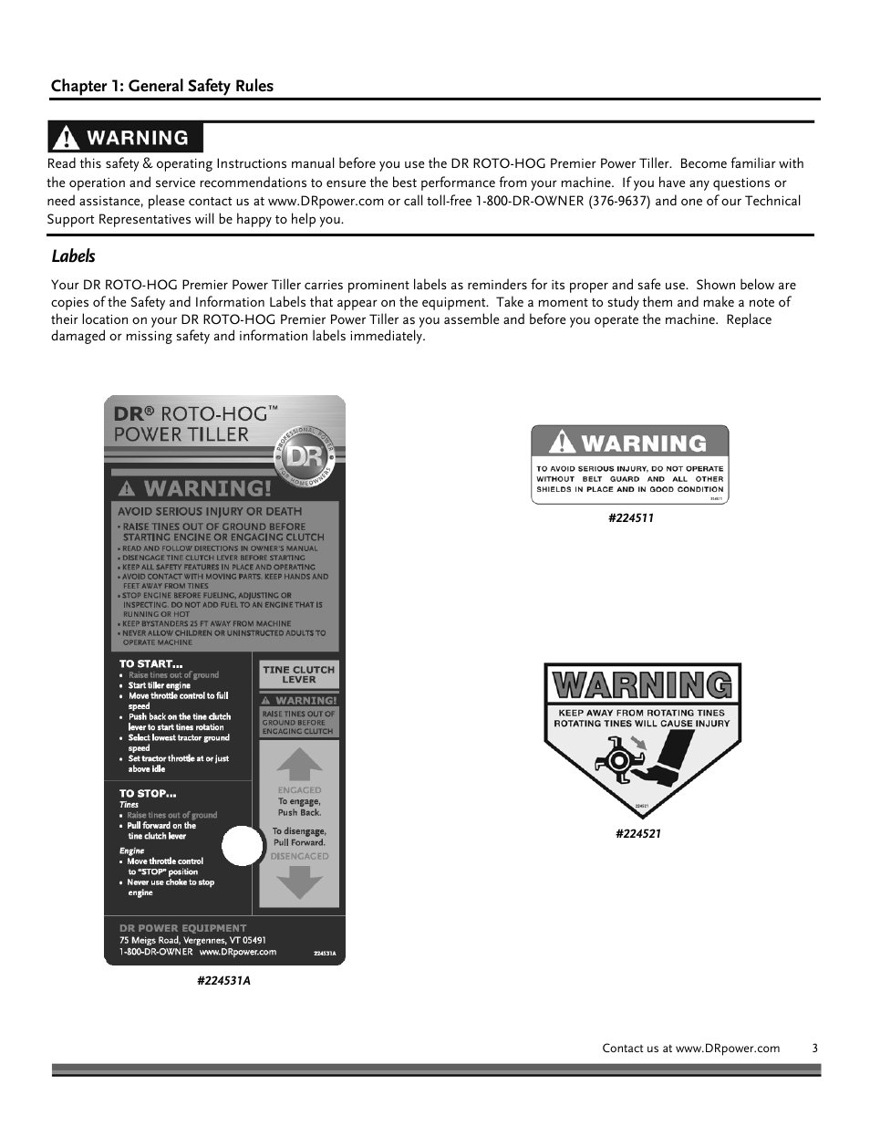Labels | DR Power Premier Tow-Behind Power Tiller Roto-Hog (Dec. 2012 - Present) User Manual | Page 3 / 26